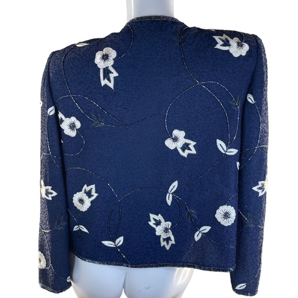 Adrianna Papell Vintage Silk Evening Beaded Navy Blue Embroidered Jacket SZ P10 - Picture 2 of 8